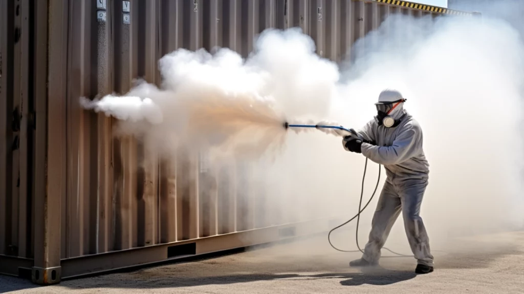 sandblasting a shipping container