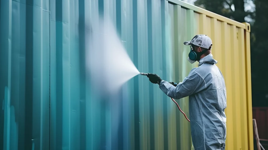 applying paint with to a shipping container