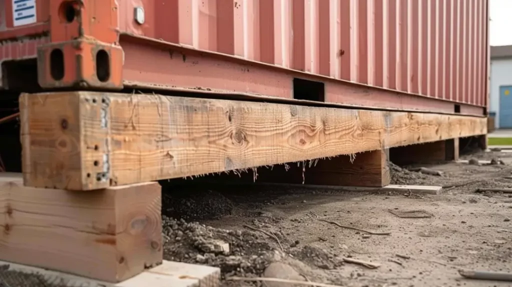 wood beam foundation for shipping container