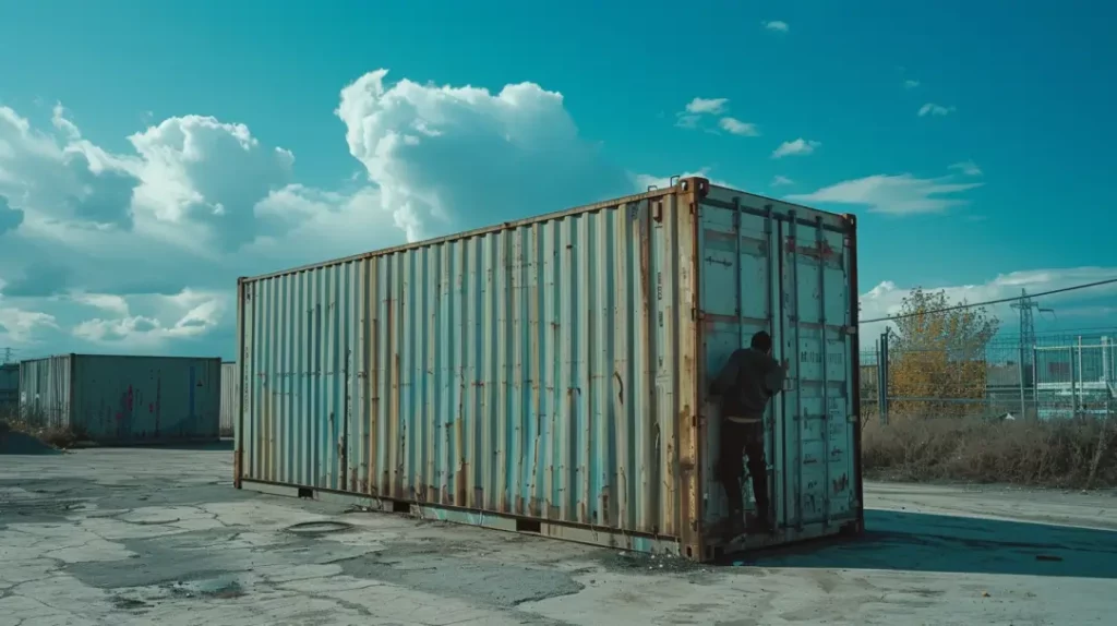 man breaking into a shipping container