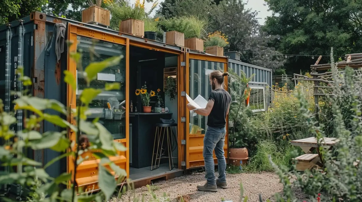 man standing in front of converted shipping container