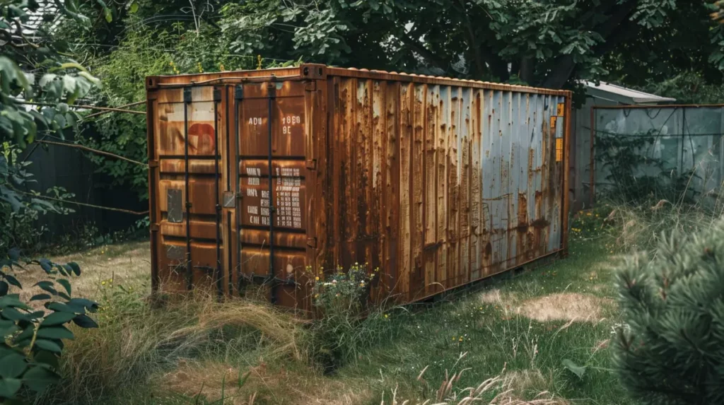 rusty shipping container in backyard