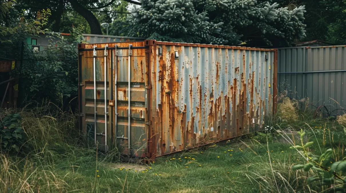 rusty shipping container in a backyard