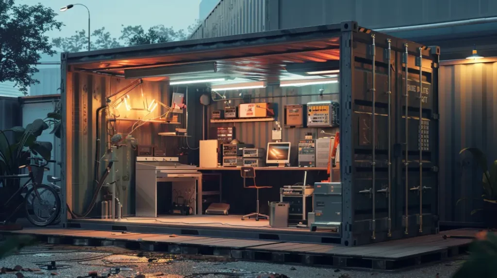 shipping container electronics repair workshop
