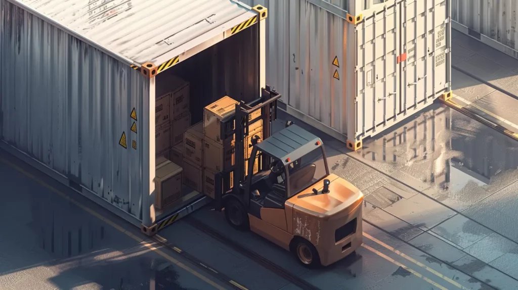 a forklift loading a shipping container