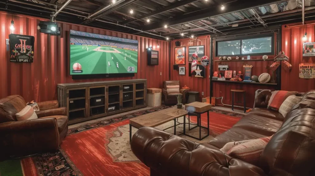 inside of a shipping container converted into a man cave
