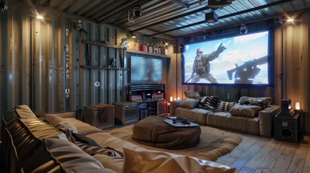 a shipping container converted into a man cave games room