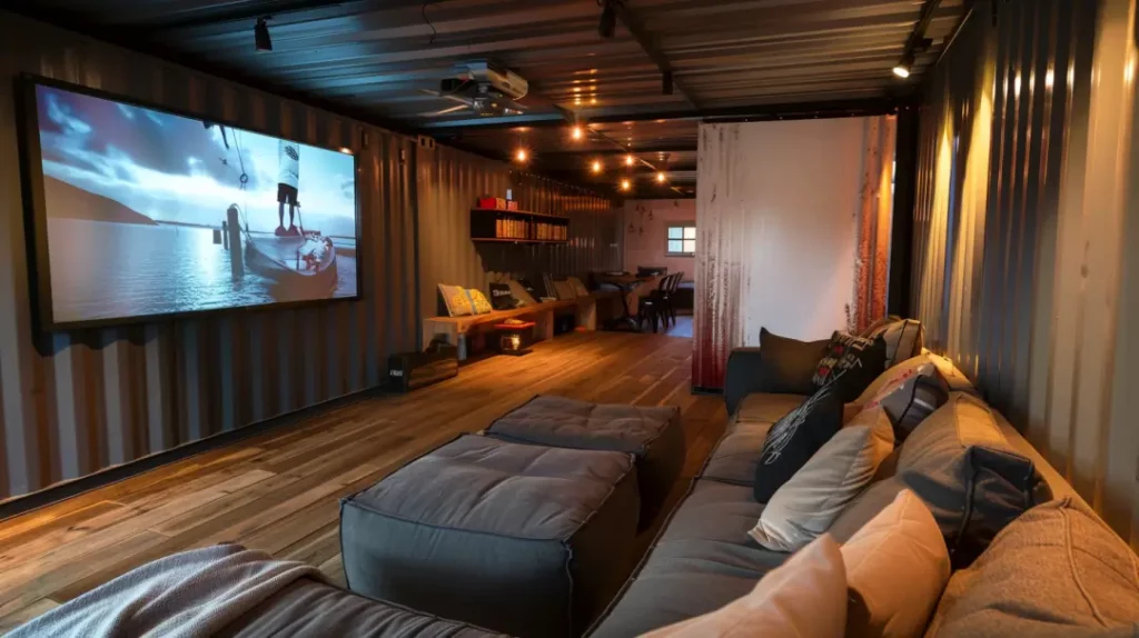 A shipping container converted into a home cinema man cave