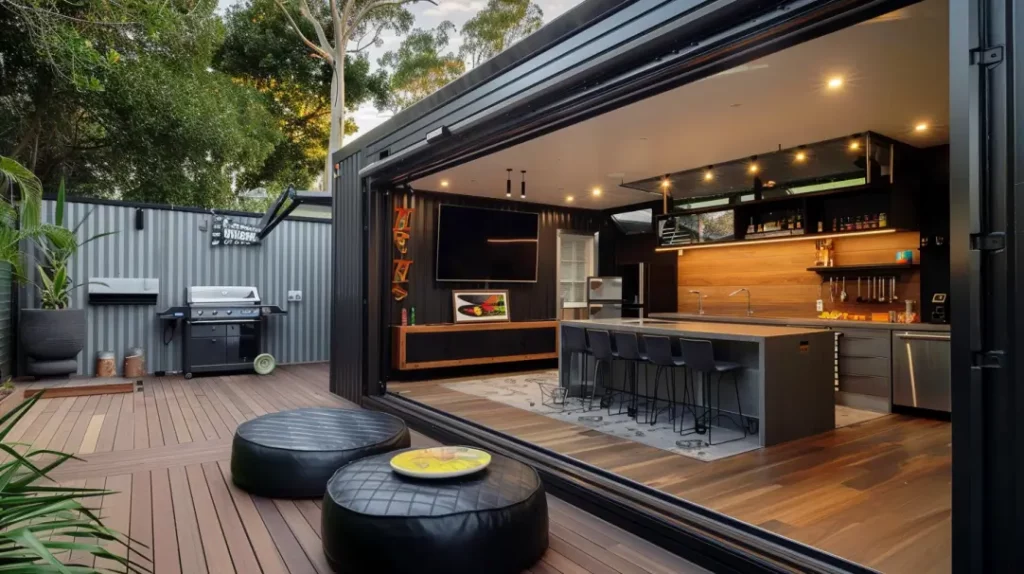 A shipping container converted into a man came with an outdoor area