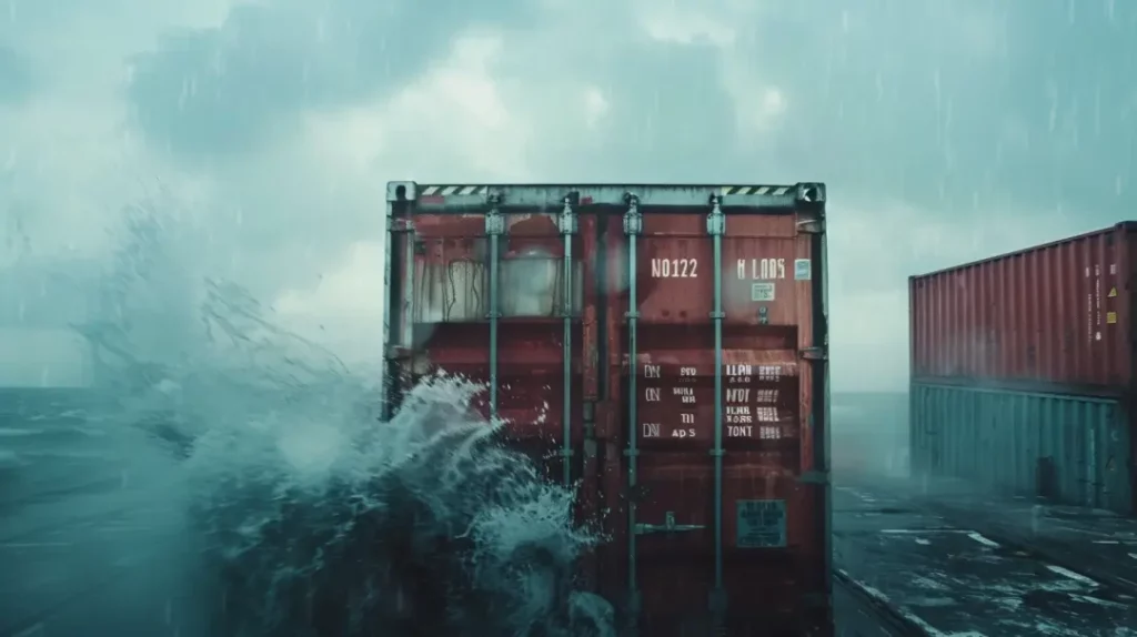 a wave crashing over a shipping container