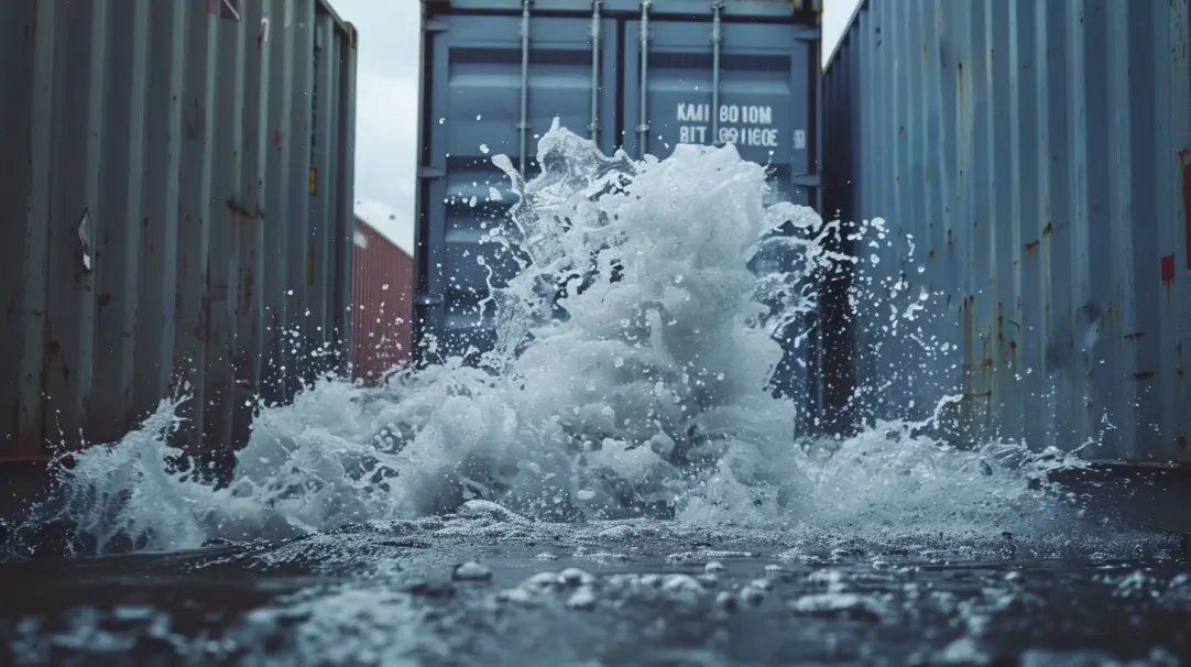 water splashing in front of a shipping container