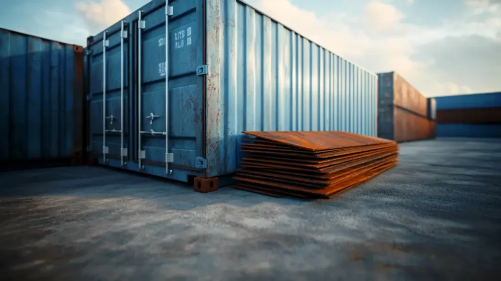 Corten steel sheets next to a shipping container