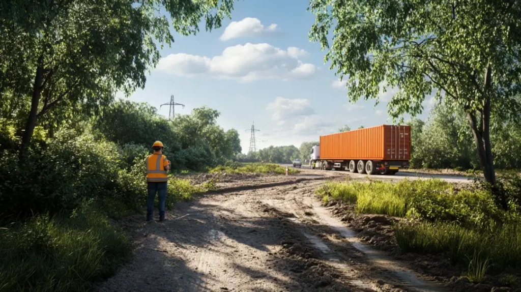 a worker examining the area for shipping container placement