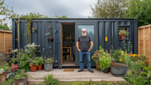 garden office with happy customer