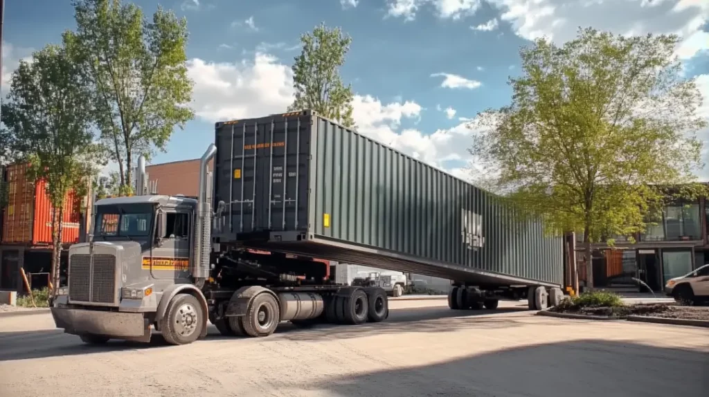 Shipping container delivery by tilt-bed truck