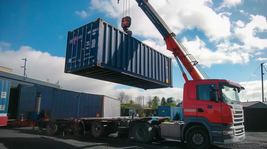 Shipping container being delivered by hi-ab crane truck
