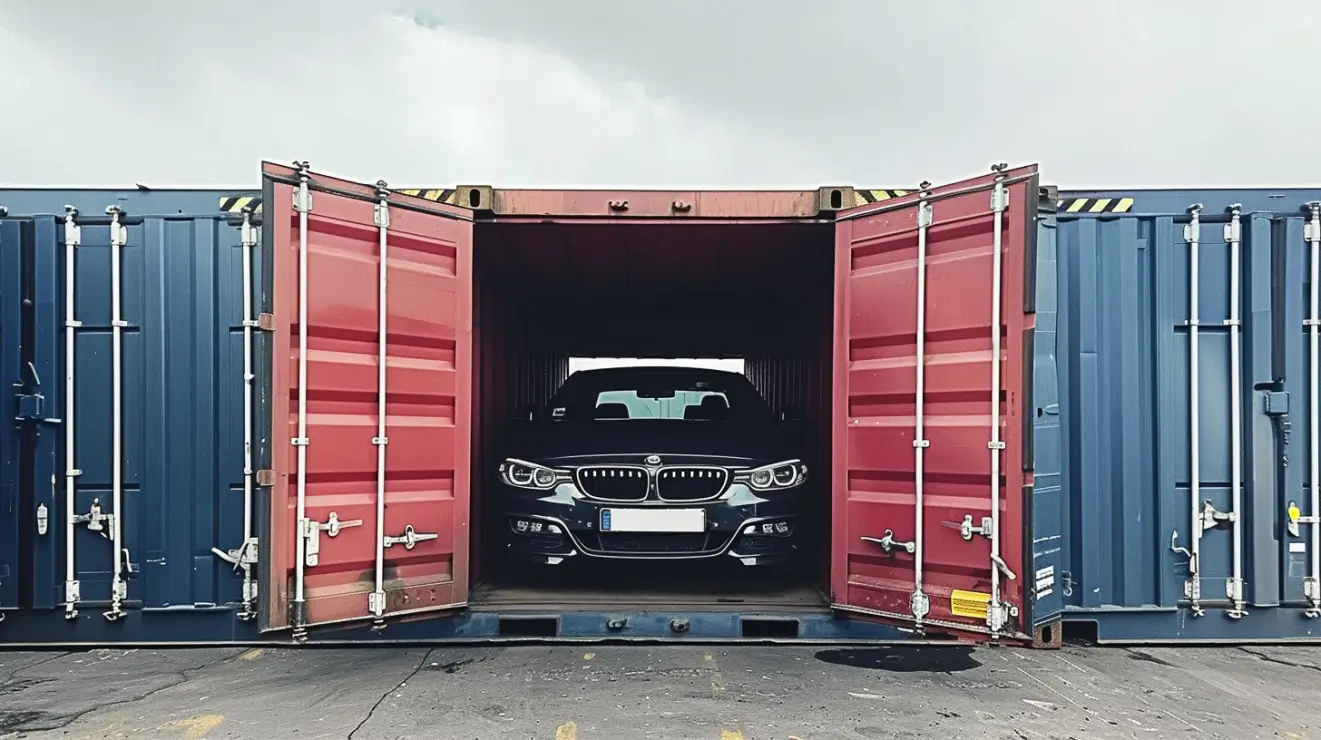 Car stored in a shipping container