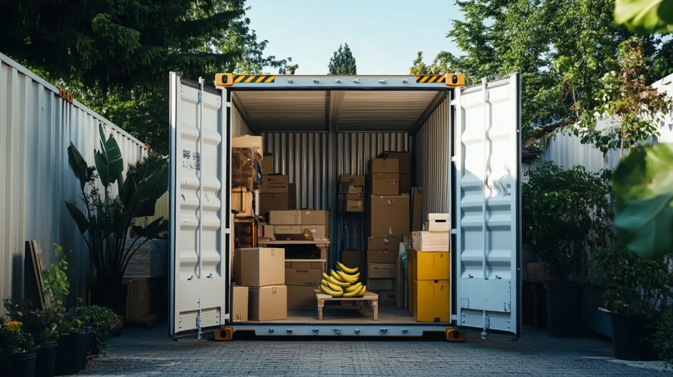 Shipping container with packed goods inside