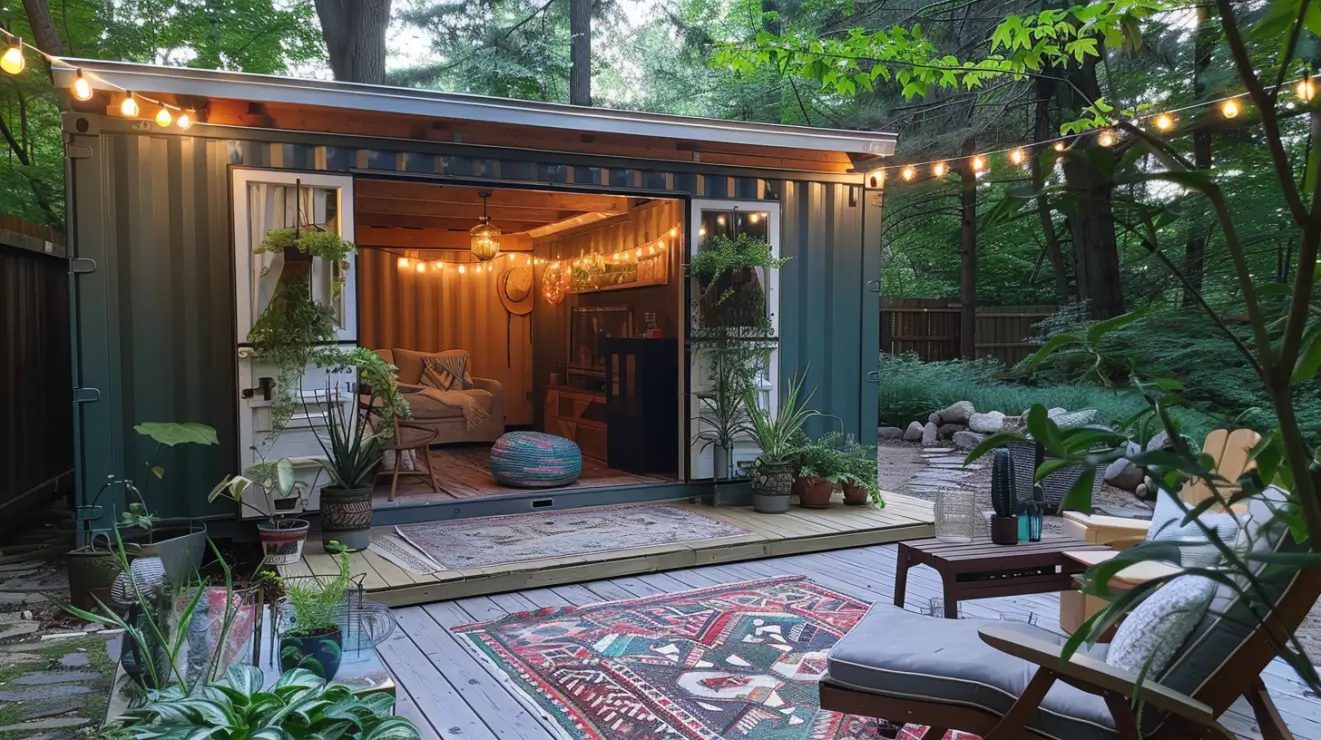 Shipping container converted into a she shed