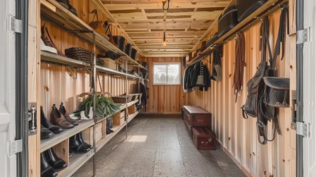 Inside a shipping container tack room