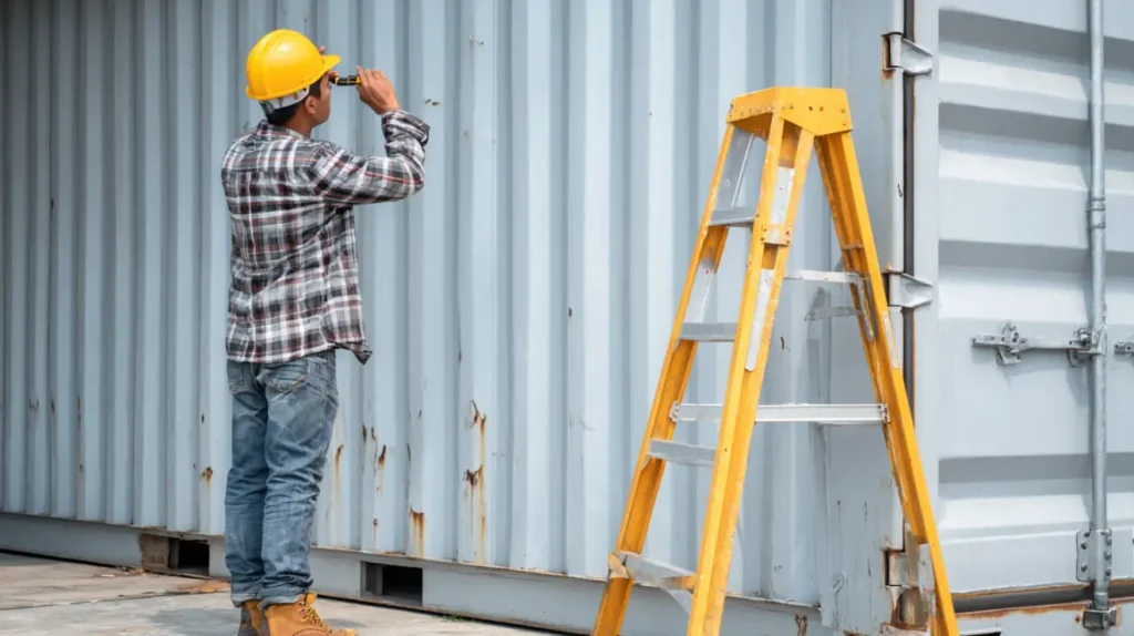 a person measuring a shipping container