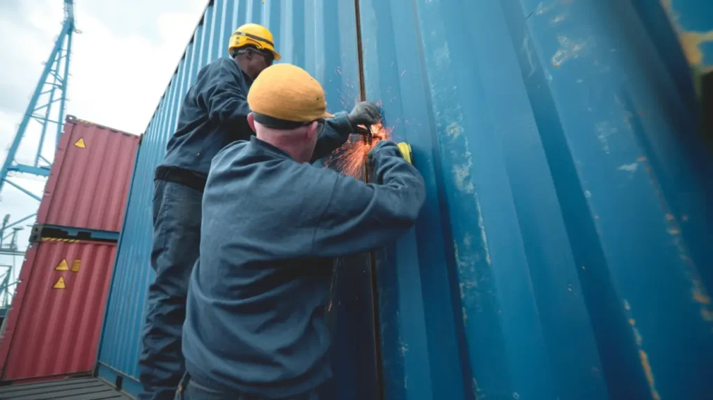people cutting a shipping container